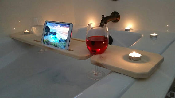 White bath tray discount with wine glass holder